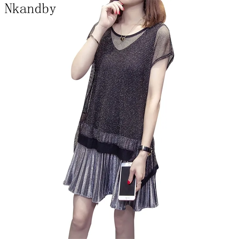 Nkandby plus size mulheres vestido vestido de verão elegante coreano manga curta malha patchwork plissado grande senhora vestidos 5xl 210331