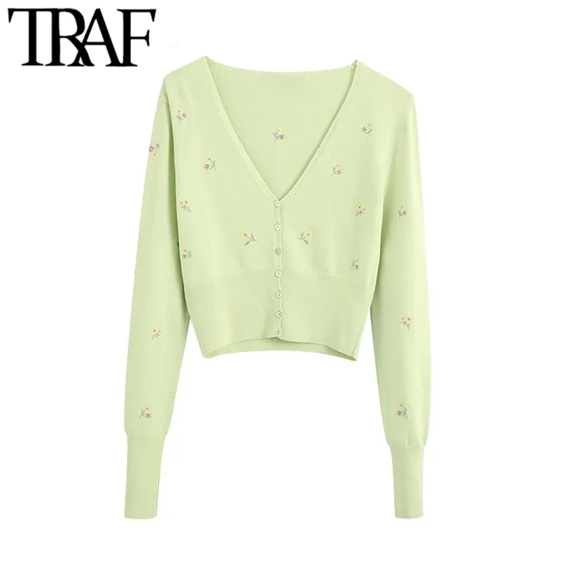 Women Fashion Floral Embroidery Cropped Knitted Cardigan Sweater Vintage Long Sleeve Female Outerwear Chic Tops 210507
