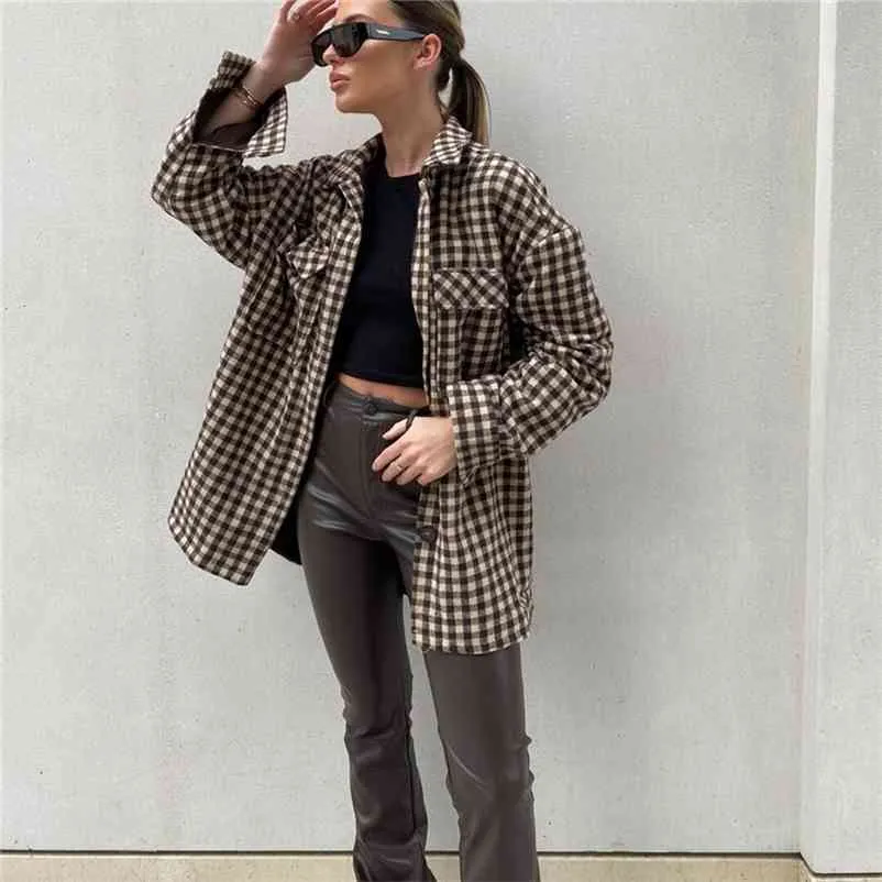 Casual vrouwen oversized bruin plaid shirt jas lente mode dames losse basis jassen vrouwelijke streetwear uitloper 210515