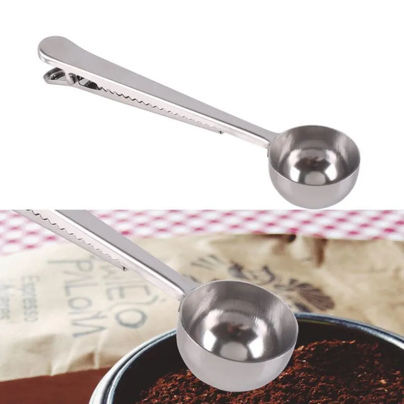 Stainless Steel Ground Coffee Tea Measuring Scoop Spoon With Bag Seal Clip Kitchen Metal Spoon LX2501