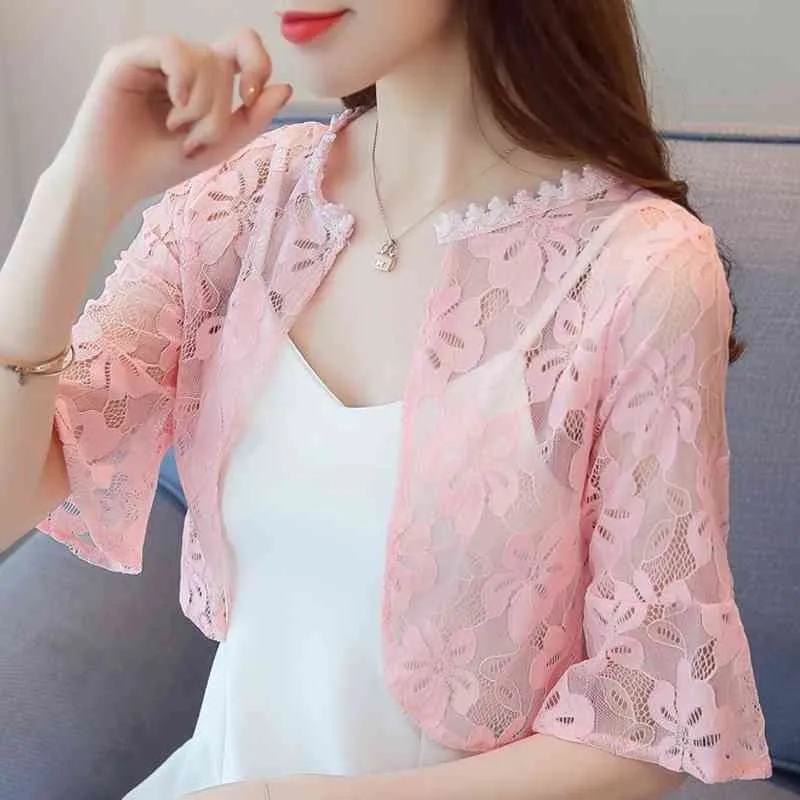 Blouses Woman V-neck Cardigan Hollow Lace Blouse Shirt Short Sleeve Blouse Women Summer Short Blouse Tops Women Blusas D17 210426