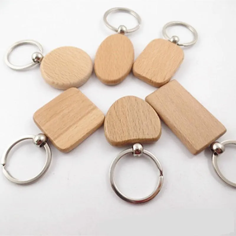 Kreativ Trä Keychain Verktygskedjor Round Square Rectangle Shape Blank Wood Key Rings DIY Hållare Gåvor