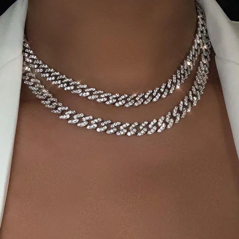 Flatfoosie Or Argent Couleur Glacé Strass Bling Collier Ras Du Cou Femmes Cubain Lien Chaîne Cristal Collier Hip Hop Jewlery Y0414