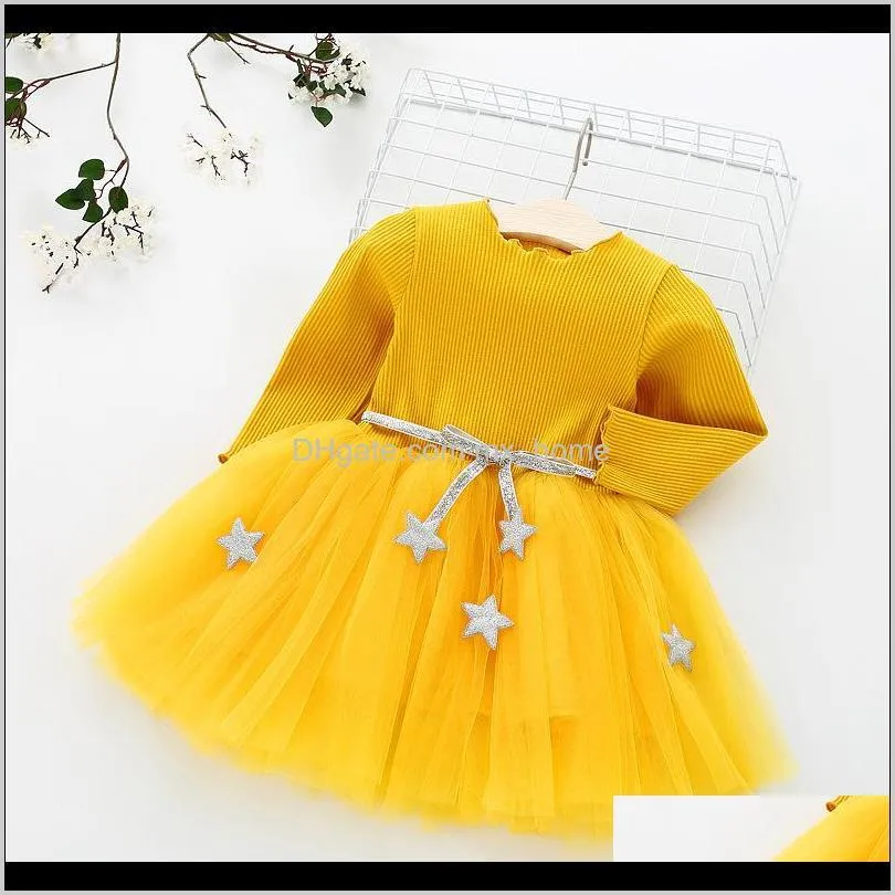 baby kids girls autumn winter dress long sleeve stars knitted tulle tutu princess 1 2 years birthday party clothing casual wear 201029