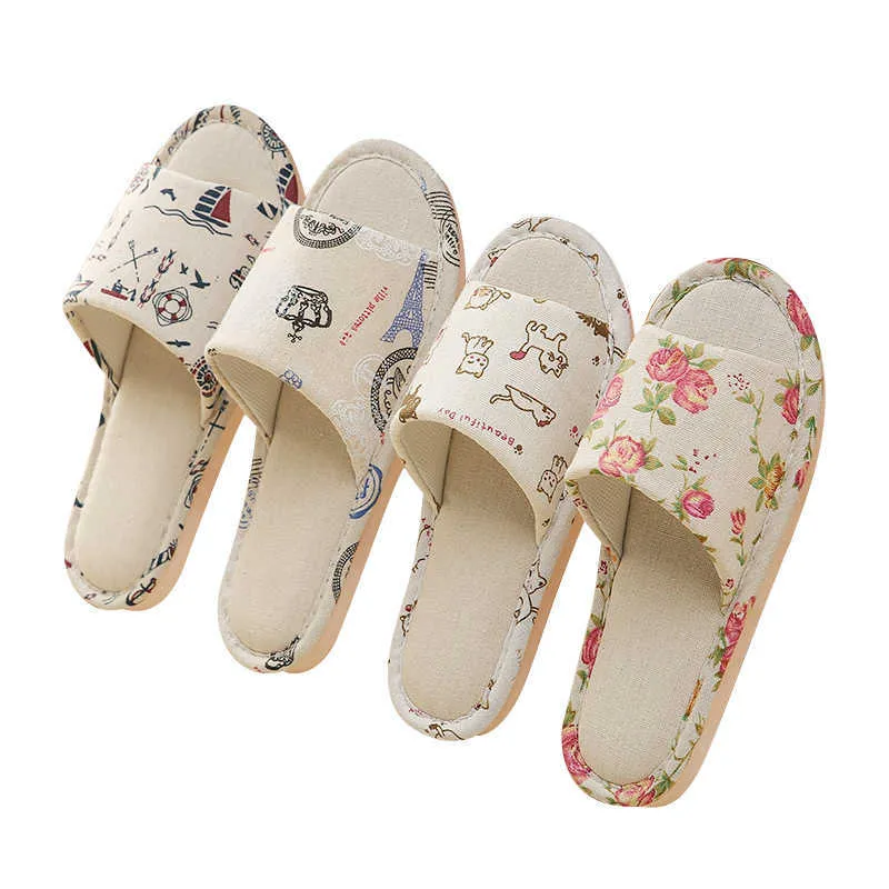 Femmes Casual Floral Maison Pantoufles Doux Antidérapant Mousse Bas Pantoufles Printemps Automne Intérieur Couple Lin Pantoufle Tongs Diapositives Y0804