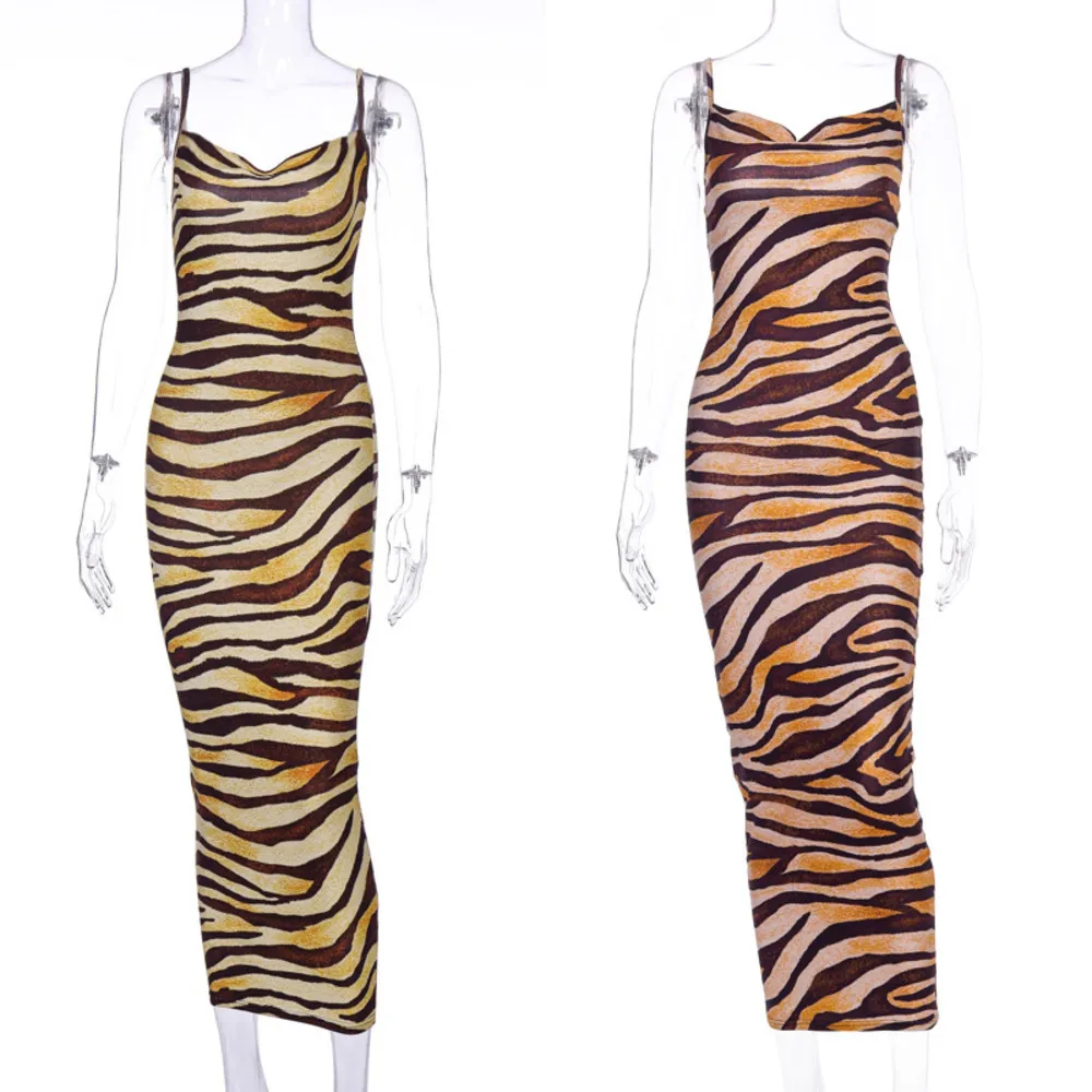 Viifaa Mehrfarbiger Zebra-Hautdruck-Sommer-reizvolle Frauen-Cami-langes Kleid-Spaghetti-Träger-ärmelloses Partei-dünnes, figurbetontes Kleid X0629