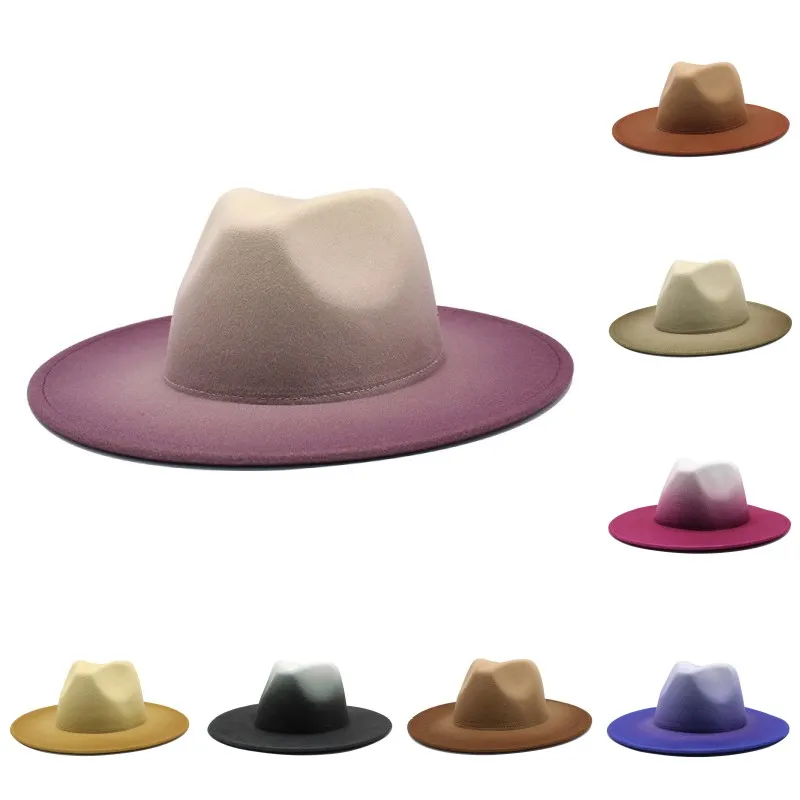 8 Farben Tie Dyed INS Fake Wollfilz Fedora Hut 2 Töne verschiedene Farben Krempe Jazz Caps für Damen Herren 2278 V2