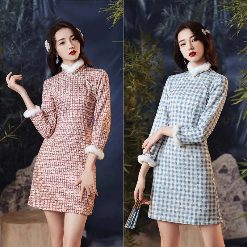 Abbigliamento etnico Stile cinese tradizionale colletto alla coreana Abiti da sera Qipao Cheongsam a maniche lunghe con stampa scozzese retrò