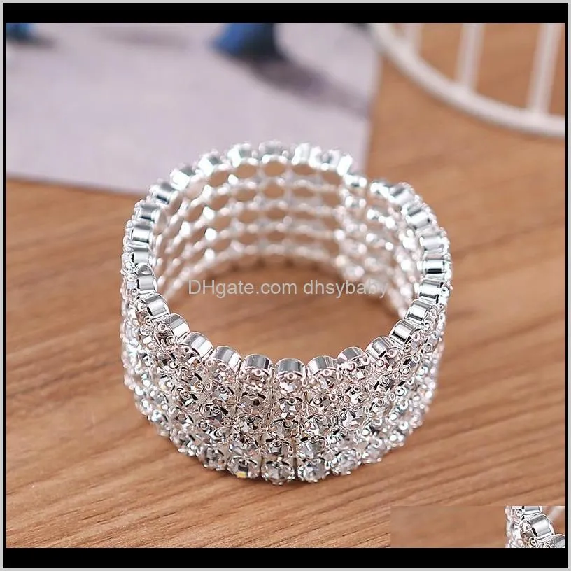 high quality 5 row wide bridal wedding cuff bangle bracelet big crystal rhinestone stretch wristband new fashion jewelry accessory for