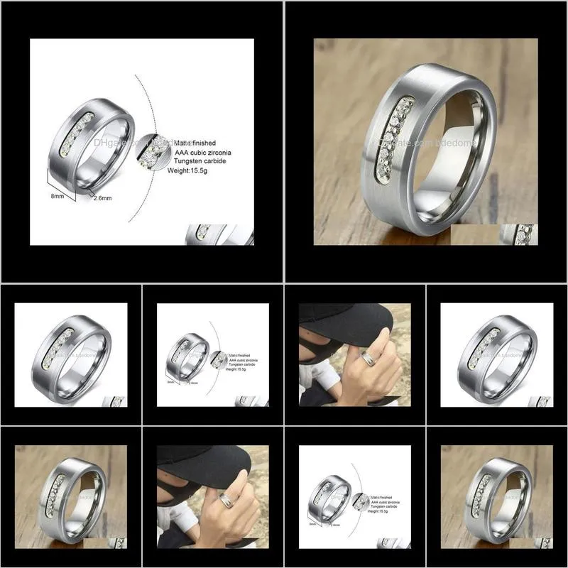 Punk Zircon Rings Stainless Steel Rings For Men Tungsten Steel Ring Matte Finished High Polished Ring Wide 8mm