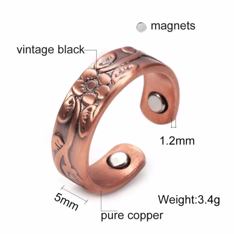 Flower Pure Copper Rings Women Magnetic 6mm Vintage Open Cuff Adjustable  Wedding Bands Energy Finger Jewelry