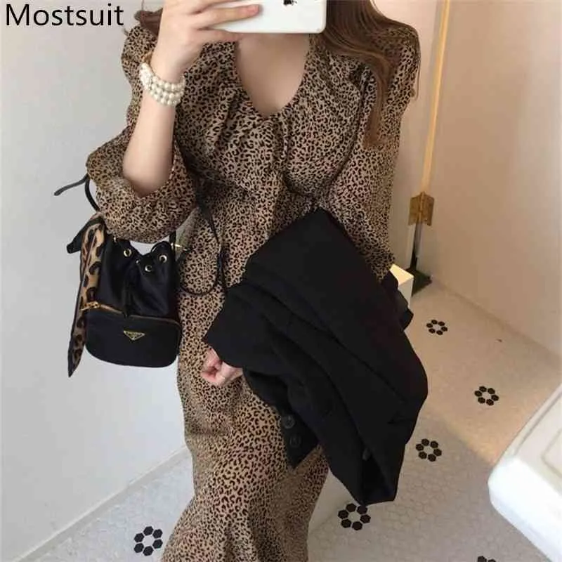 Autumn Korean Leopard Printed Long Dress Women Full Sleeve Ruffles Collar Pleated A-line Dresses Vintage Elegant Vestidos 210518