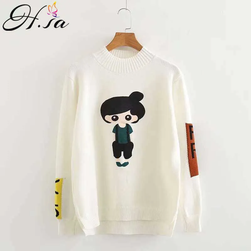 H.Sa Kobiety Cartoon Sweter Z Długim Rękawem Koreański Dzianiny Swetry Buckers Patches Beige Winter sweter Pull Femme Boże Narodzenie 210716