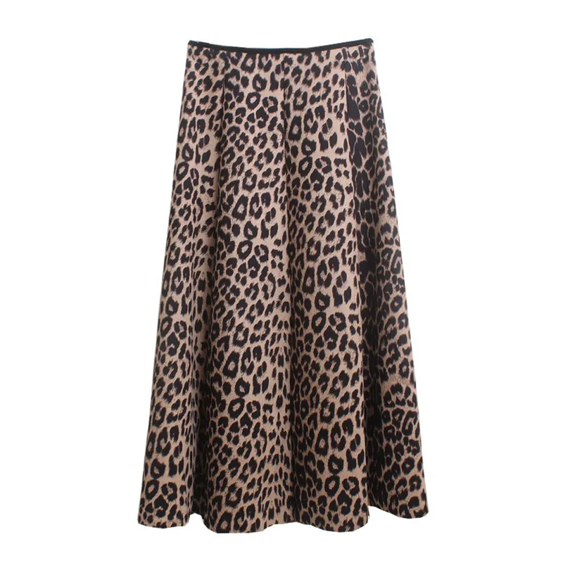 Leopard Kvinnor Midi Skirt Brown Grey Elegant Vintage S0214 210514