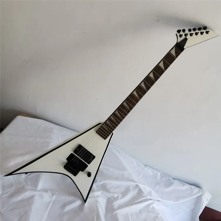 Guitare électrique à corps en queue d'aronde blanche avec pont Floyd Rose, matériel noir, touche en palissandre, personnalisable