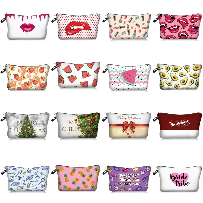 3D Print Make-up Bags Beauty Lips Fruit Designs Bride Fashion Travel Cosmetic Bag Organizer 100 Patterns Gift for Women