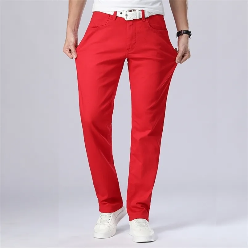 Autumn Men's Red Jeans Classic Style Straight Elasticity Cotton Denim Pants Male Brand White Trousers 211104