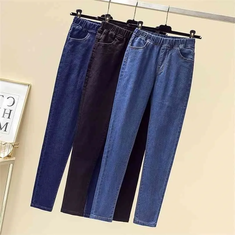 Plus storlek 5xl 6xl kvinnors elastiska höga midja skinny jeans mode casual kvinnor svart / blå mamma stretch denim pants 210809