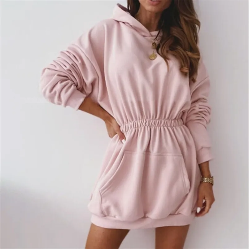 Women Dress Full Length Regular Sleeve Fit and Flare Solid Color Hooded Collar Pocket Decorated High Waist Mini Clothes 210522
