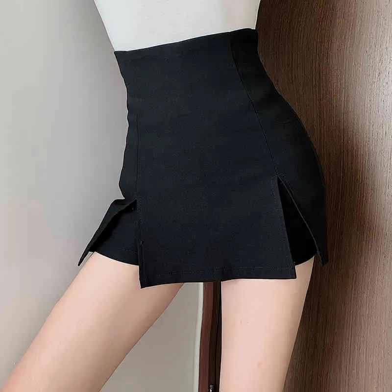 Skinny Side Gaffel Shorts Kjolar Sommar Sexig Slim High-Waisted Word Hip Kjol Kvinnor Black Byxor 661b 210420