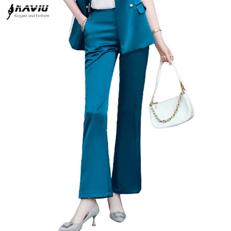 ハイエンドスプリングの気質女性ブルーブーツカットワークパンツオフィスレディースプラスサイズの正式なズボン210604