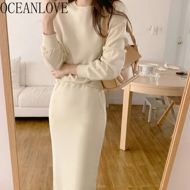 Women's Chic Autumn Two Piece Set Solid Hoodie & Pencil Skirt, Korean ...