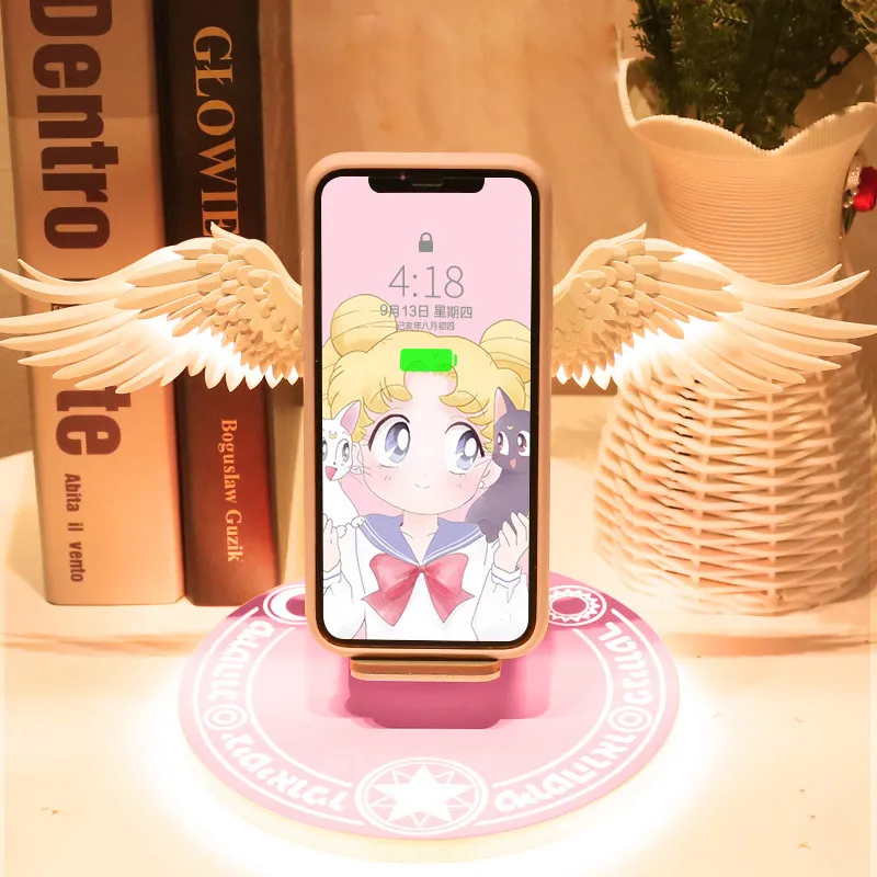 10W trådlösa laddare för iOS Apple Mobiltelefon Android Charging Stand Desktop Watch Video Mobiltelefonhållare Angel Wings öppnar automatiskt nära snabb laddning