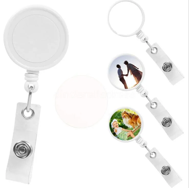 DHL 50 stks Gunst Kantoor Schoolbenodigdheden Sublimatie DIY ID Houder Naamplaatje Kaart Sleutel Badge Reels Ronde Solide plastic Clip-On Intrekbare Pull Reel GG0727