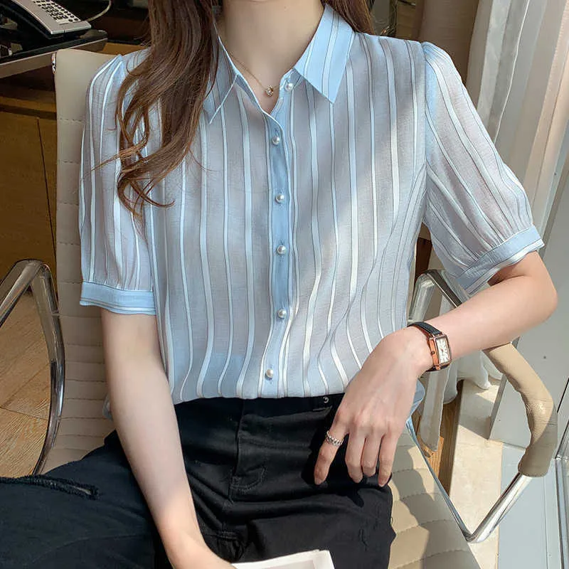 Été mode coréenne en mousseline de soie femmes Blouses maille bureau dame chemise et chemisier solide dentelle femme Blusas grande taille XXL hauts 210531