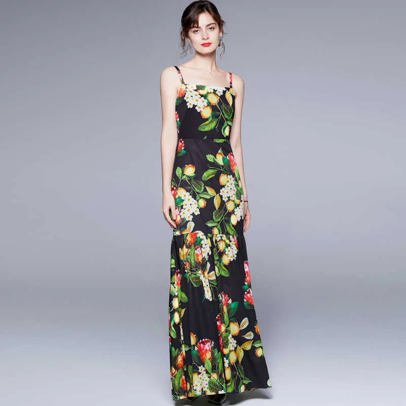 Women Summer Designer Elegant Maxi Dress Sexy Slim Cocktail Party Robe Female Vintage Floral Print Trumpet Dress Vestidos 210525