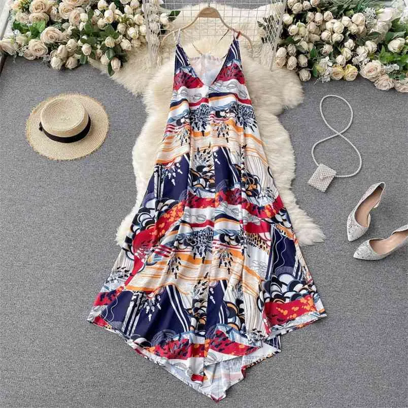 Europa stil sommar eleganta kvinnor spaghetti rem ärmlös utskrift lös klänning damer kvinnlig semester strand klänningar vestido 210428