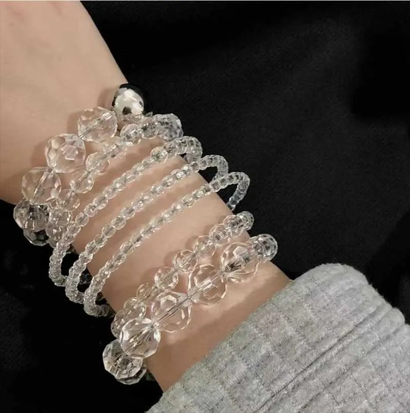 Bangle Crystal Pärlor Handgjorda Super Fairy Elegant Elastisk Armband Enkel Storlek Runda Boll Ins Chic Transparenta Tjejer Sommar