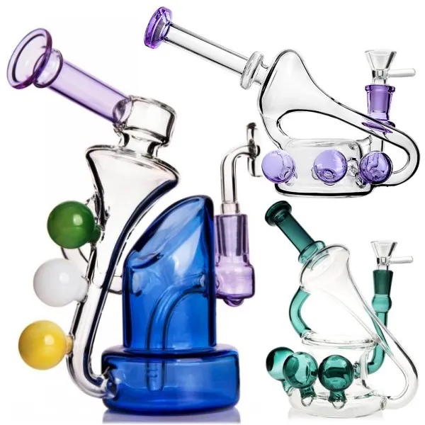 Nieuwe Clear Purple Blue Glass Bong Hookahs met Gaten Handgemaakte Hookah Dikte Base Damp Bent Tube Water Pipe 14mm Joint