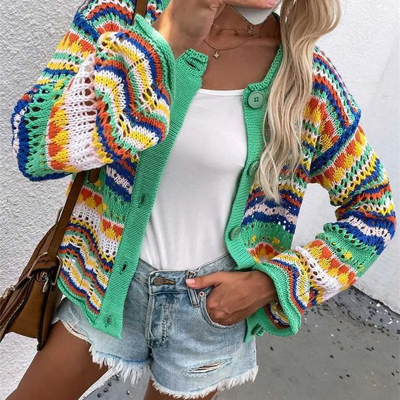 Aprenda elegante arco-íris colorido manga comprida Malha Cardigan mulheres outono oco out sweater de grandes dimensões feminino moda outerwear 211103