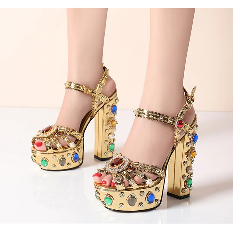 Chunky gold sales platform heels