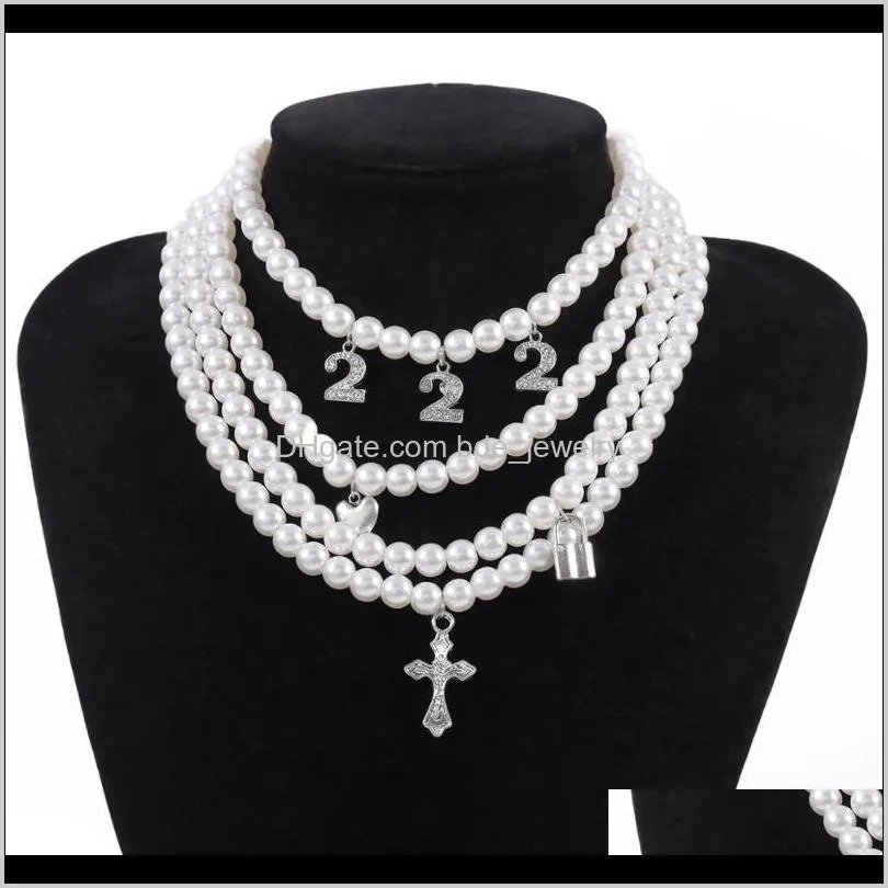purui 4pcs/set pearl heart necklace lock crystal cross layered pedant choker bohemia baroque chain collar chokers