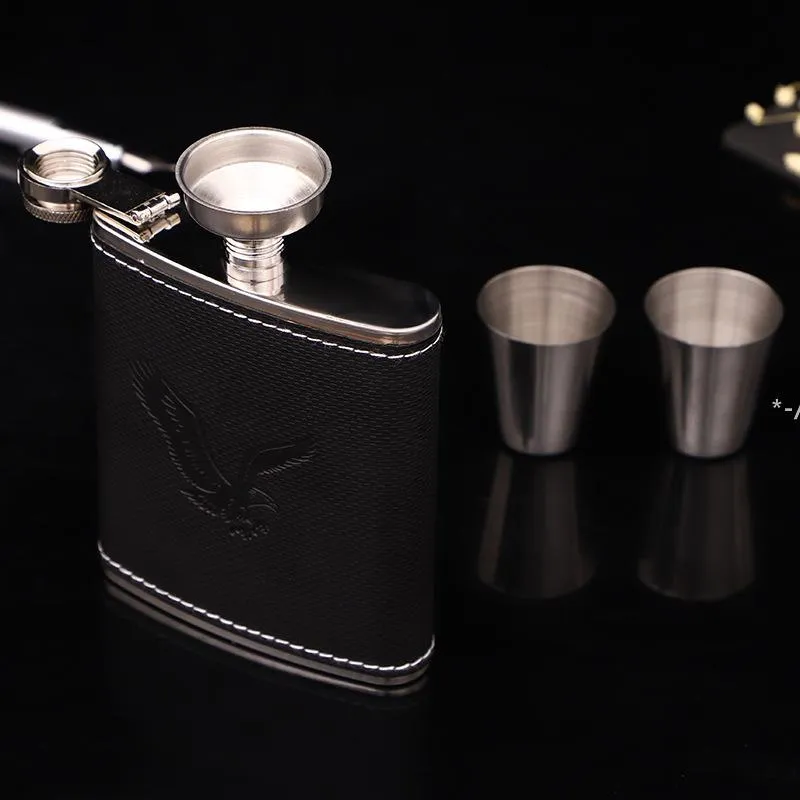 Cuir 7oz Pocket Hip Flasks 304 Bouteille de vin portable en acier inoxydable Hommes Mini Alcool Pocket Flagon Flacons de hanche en métal de luxe JJE10604