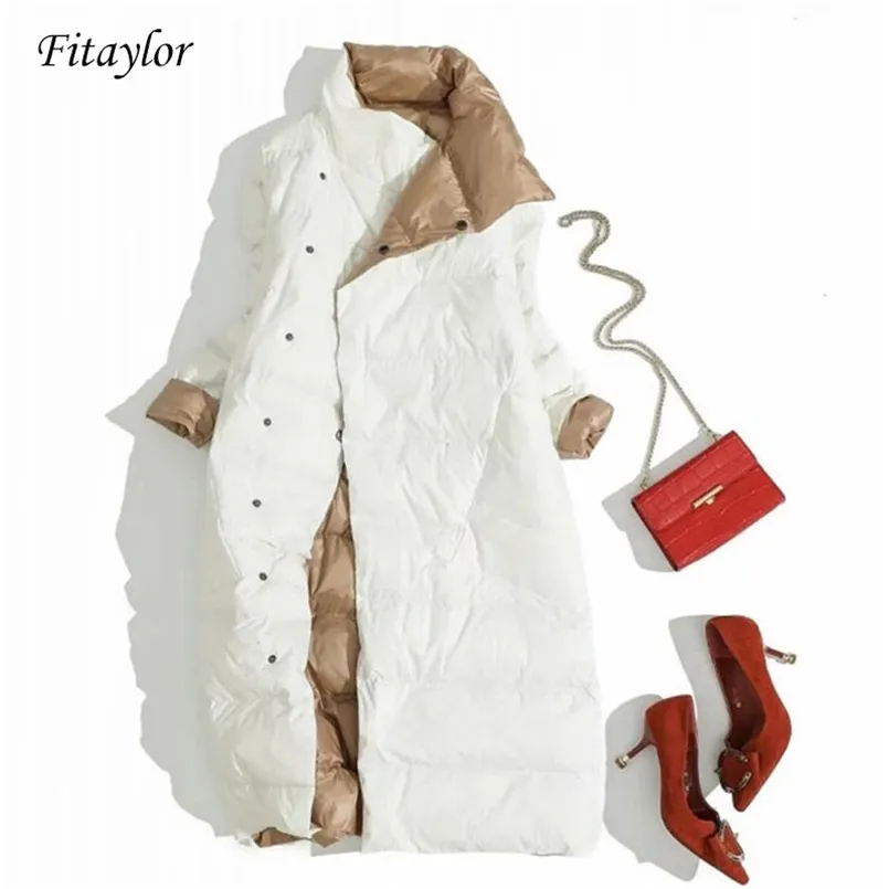 Fitaylor Plus Size Women Double Sided Down Long Jacket Cappotto in piumino d'anatra bianco Inverno doppio petto caldo Parka Snow Outwear 210819