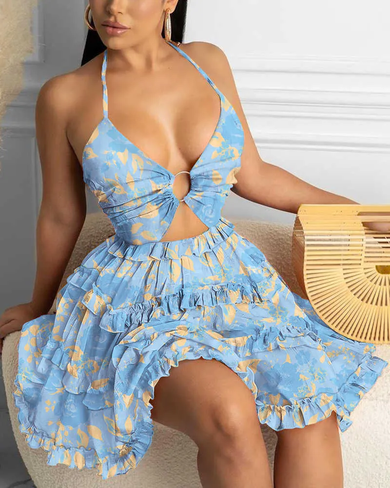 Fashion Women Sexy Backless Halter Floral Print Mini Dress Beach Dresses O-ring Cut-out Backless Frill Hem Summer Short Dresses 210716