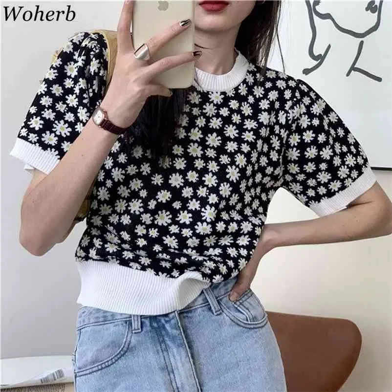 Woherb Summer Korean Fashion Thin Knitted T Shirt Women Floral Print Vintage Tops Crew Neck Short Sleeve Knitwear T-shirts 210722