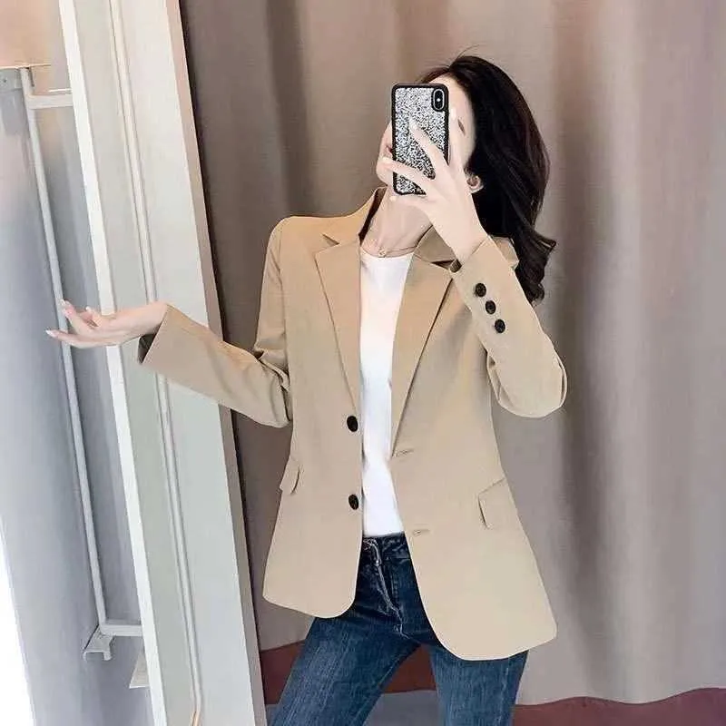 Peoy mulheres blazer escritório jaqueta senhoras moda único breasted manga comprida solta casaco formal casual para outono primavera 2021 x0721