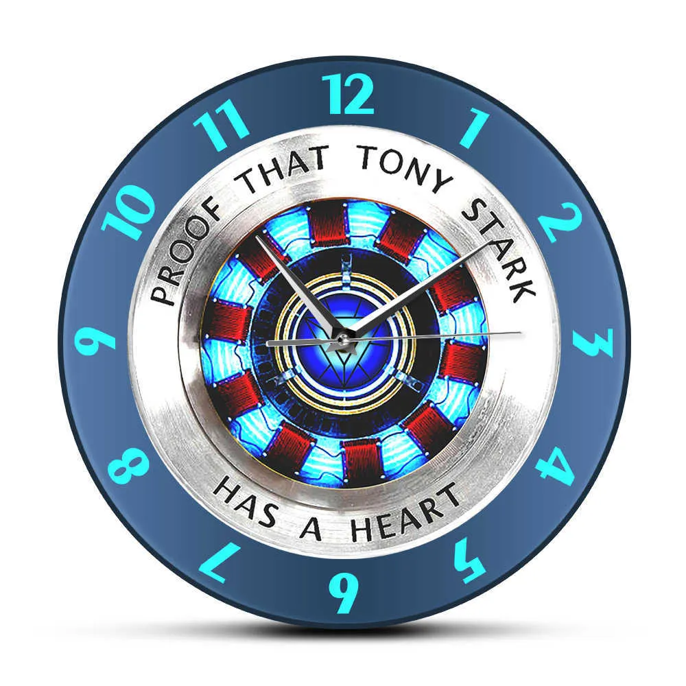 Proof That Tony Stark Has A Heart Arc Reactor Wall Clock Superhero Modern Hanging Wall Watch Movie Timepiece Home Decor Wall Art X0726