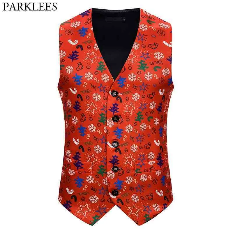 Snowflake 3D-tryck Röd Julvästmän Höst Slim Fit Waistcoat Mens Xmas Party Holiday Prom Tuxedo Västar Chaleco 210522