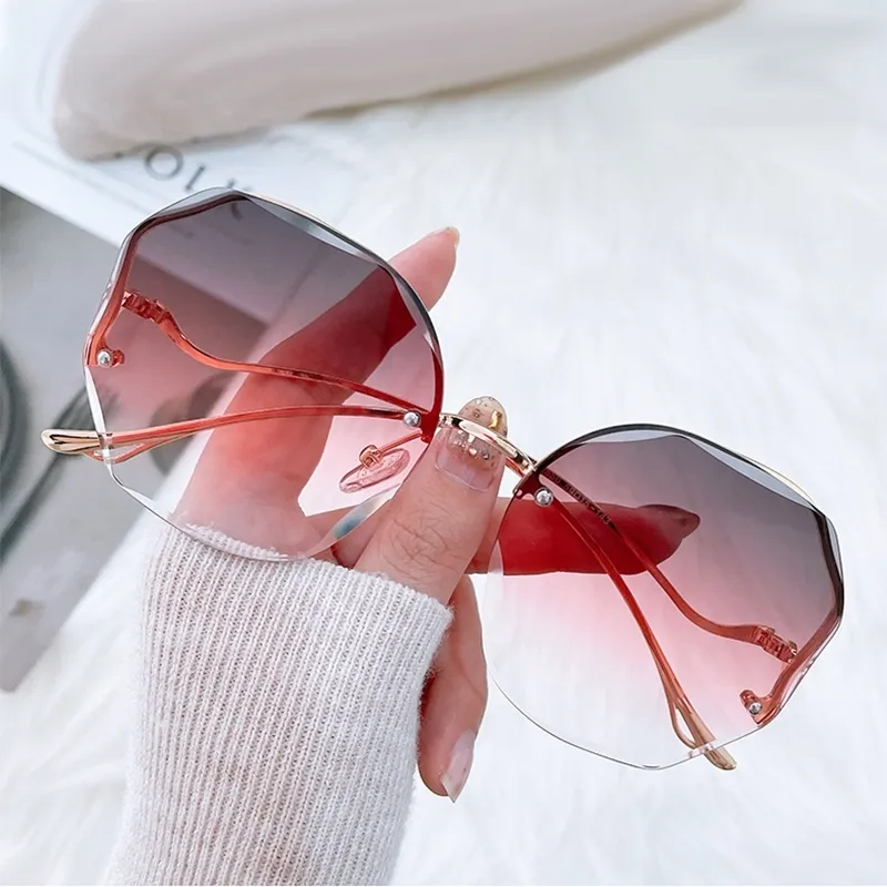 2022 солнцезащитные очки без оправы женские модные круглые очки роскошные приливные оттенки для женщин винтажные Zonnebril Dames Lunette De Soleil Femme Y220315