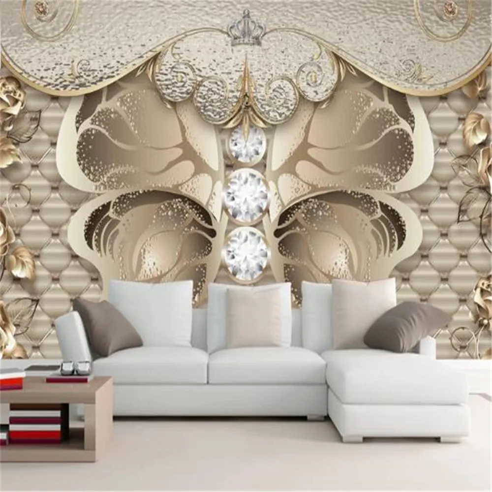 Luxury 3d Flower Wallpaper European Diamond Butterfly Gold Peony Living Room Bedroom TV Background Wall HD Decorative Mural Wallpapers