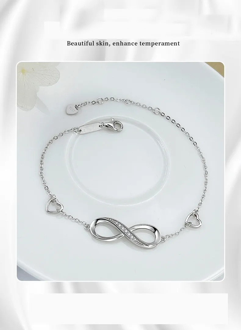 Bracelet réglable en argent sterling 925 avec symbole d'amour sans fin en forme de cœur infini plaqué or blanc pour femmes et filles