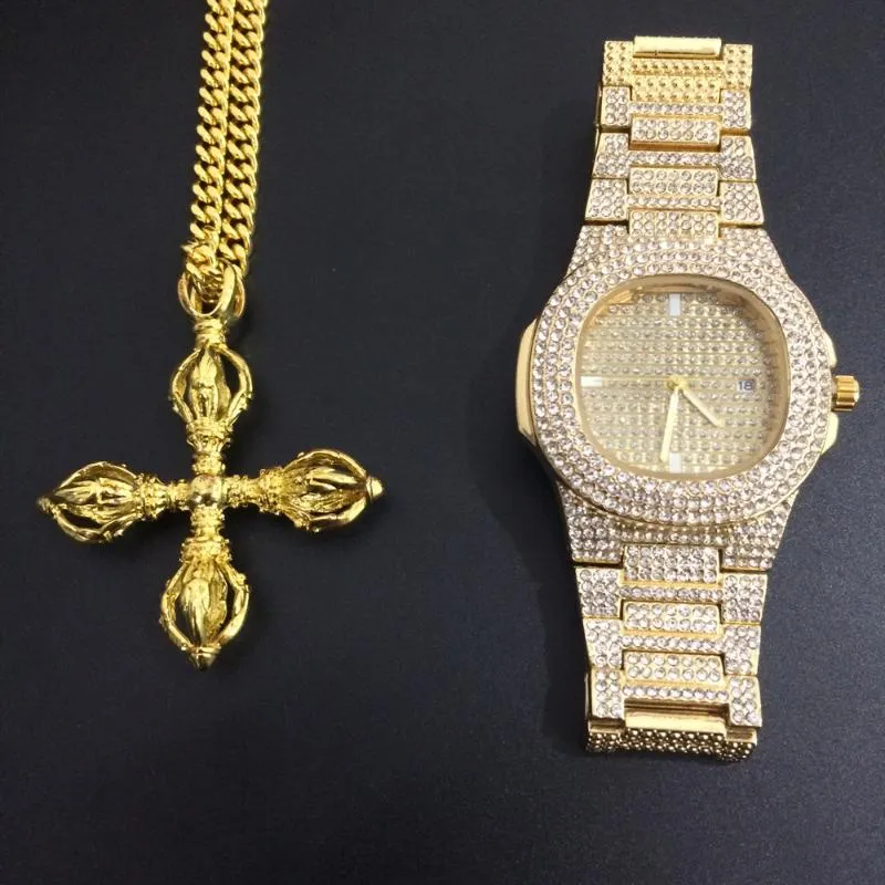 Earrings & Necklace Men Hip Hop Out Cuban Gold Tone Rhinestone Watch Karma-vajra Cross Pendant Miami Set Fashion Luxury Jewerly Sets