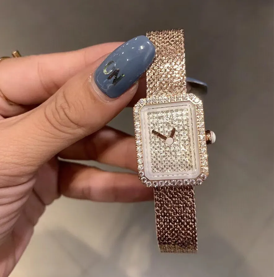 Classic brand women rectangle watch boyfriend full diamond Premiere mesh clock female stainless steel mini small watches