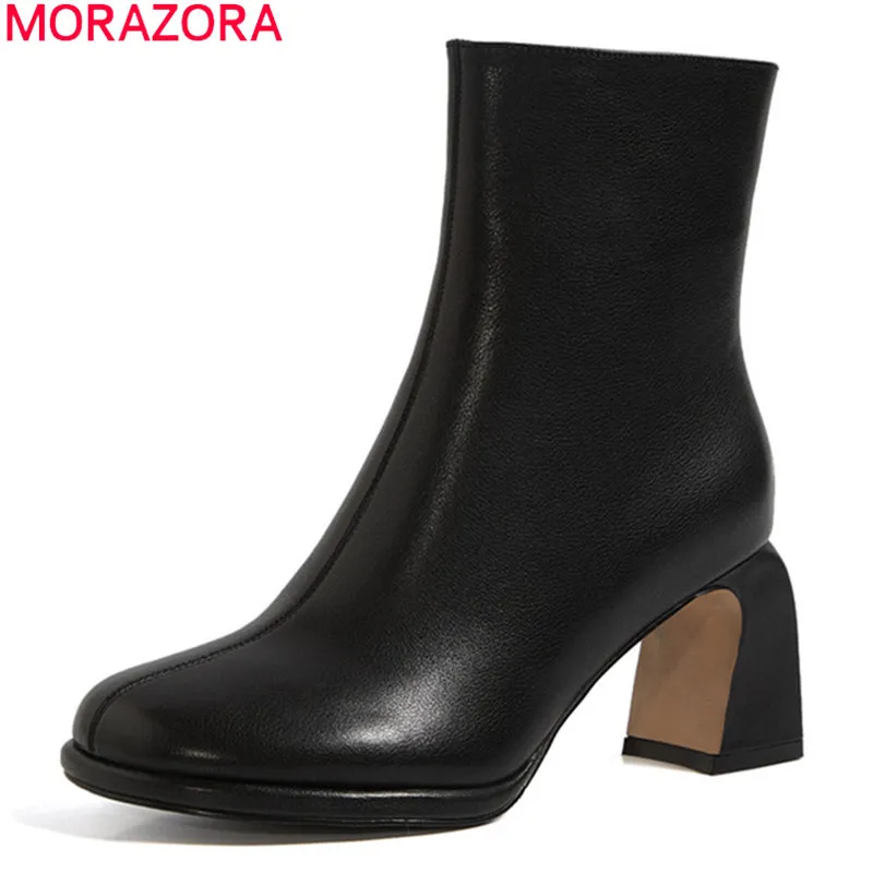 Morazora Botas de couro genuíno Botas de alto salto alto Botas de Toe Botas Outono Inverno Cor Sólida Ankle Botas Bege Bege 210506