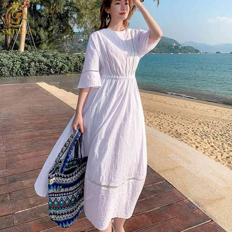 Ankunft Damen Weiß Casual Mid-Länge Sommer Kleid Robe Weibliche Kurzarm Hohe Taille Lose Urlaub Lange 210520